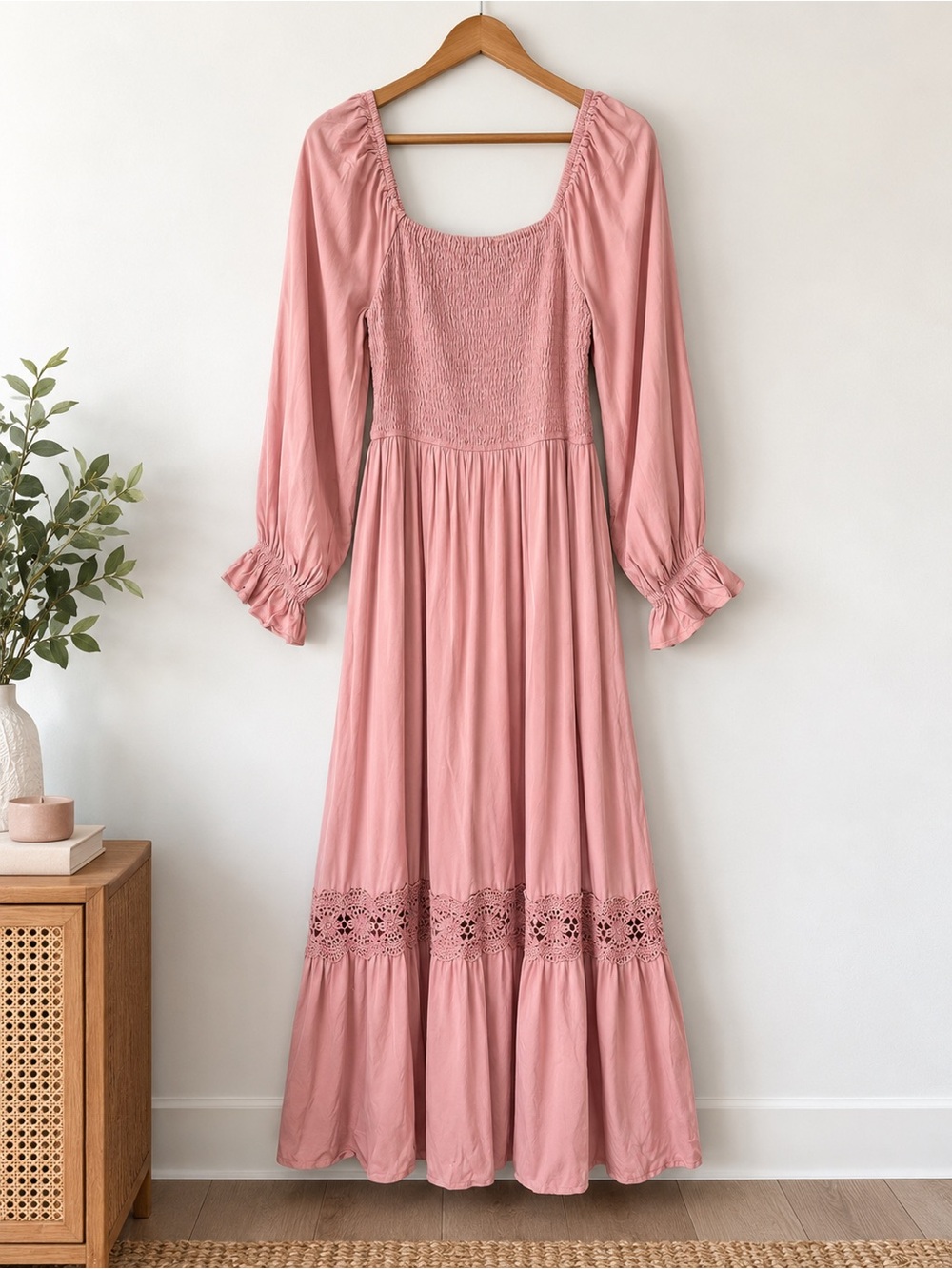 ZESICA Pink Smocked Maxi Dress Long Sleeve Lace Trim NWT L